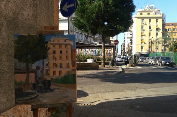 A plein air painting by artist Kelly Medford and the scene that inspired it.