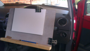 The steering-wheel easel as it looks from the front