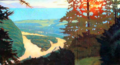 “Sun Through River Trees,” by Brian Keeler, oil on linen, 36 x 60 in. (diptych). Studio painting