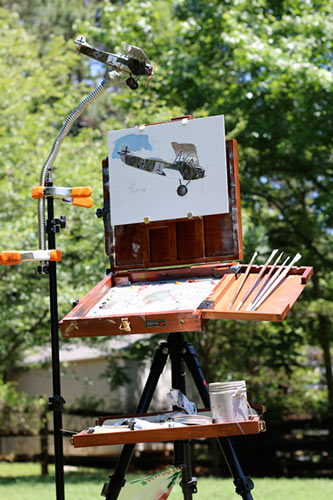 The setup for Smith’s plein air study of a Fokker D.VII