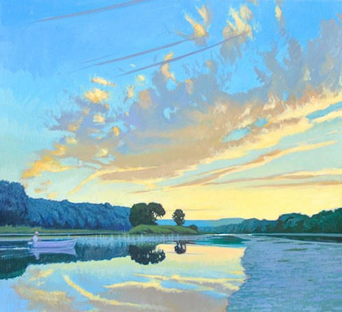 “River Mist July,” by Brian Keeler, oil on linen, 40 x 44 in. Studio painting