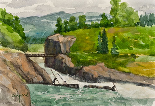 “Dip Netting on Moricetown Falls,” by Mike Simpson, watercolor