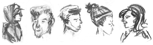 Hauch sketch of a series of faces from an Urban Sketchers event
