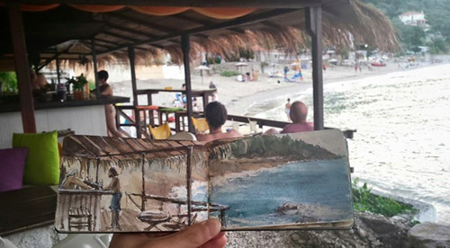 Schuch says she was keen to capture the atmosphere of the beach as well as the activity in the café in this scene from Greece.