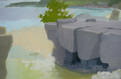 “Ledge on a Still Day,” by Jean Koeller, 2015, oil on paper mounted on panel, 6 3/4 x 10 1/4 in.