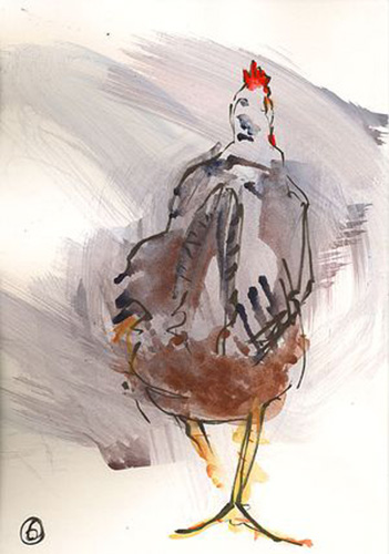 Stendahl and some artist friends were invited to sketch chickens in the Minneapolis yard of a friend.