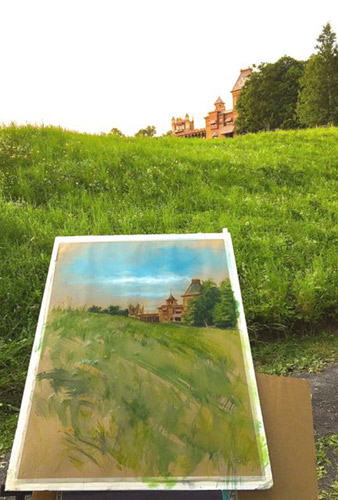 Painting Olana on location in watercolor on toned paper