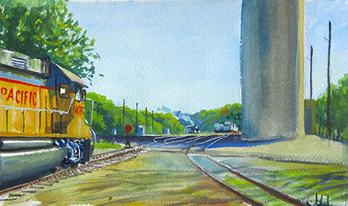 “Waiting for the Main Line,” by John Hulsey, 2015, watercolor, 5 1/2 x 10 in.