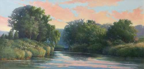 “July Evening on the Sugar River at Sunset Farm,” by Jan Norsetter, 2014, oil on panel, 12 x 24 in.