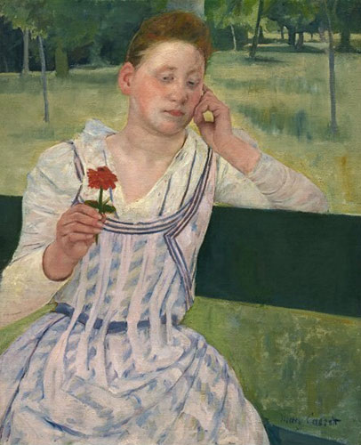 “Woman With a Red Zinnia,” by Mary Cassatt, 1891, oil, 29 x 23 3/4 in. Collection of National Gallery of Art, Washington, DC
