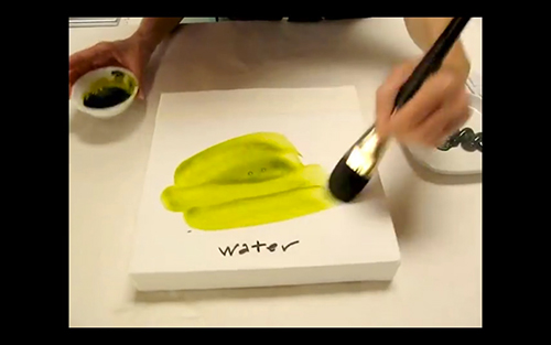 Theberge applying acrylic paint diluted 20-80 with water for toning a surface