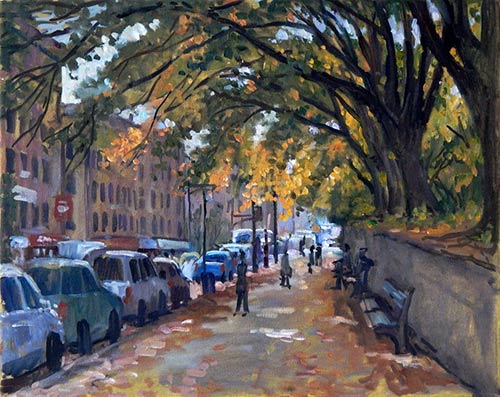 “Down Broadway, Autumn Canopy,” by Thor Wickstrom, 2015, oil, 16 x 20 in.