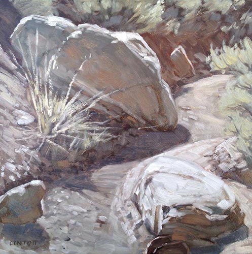 “Light and Rocks,” by John Lintott, oil, 12 x 12 in.