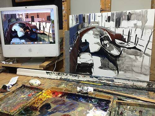 Zeger’s studio setup, showing how he puts the iPad plein air sketch on a large monitor as reference for a studio painting