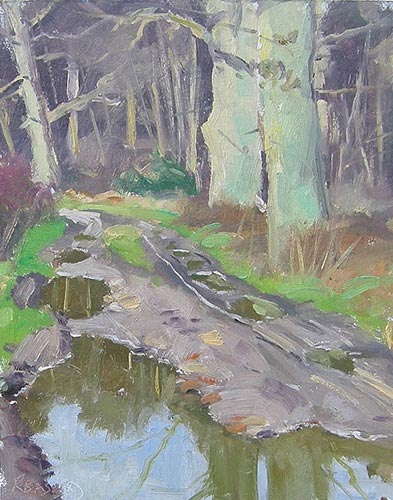 “Oak and Puddles,” by Robert Bashford, oil, 10 x 8 in.