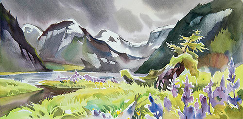 “Fiord Lands,” by David McEown, watercolor, 11 1/2 x 22 in. Collection of the artist