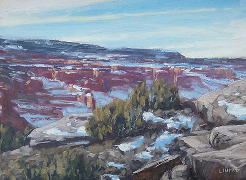 John Lintott’s painting of snow on the hills surrounding Moab