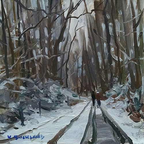 A piece the following day, after the snow stopped. “Mid-Winter Walk,” by Kyle Buckland, 2016, oil, 12 x 12 in.