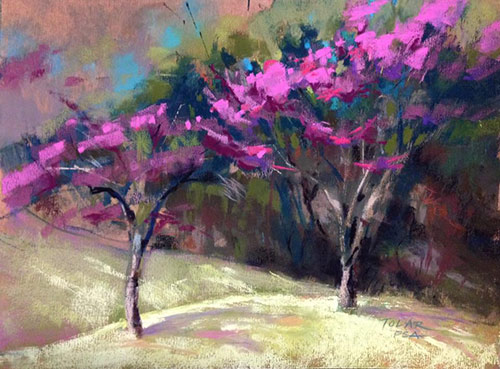 “Sweeping Redbuds,” by Jude Tolar, 2016, pastel, 9 x 12 in.