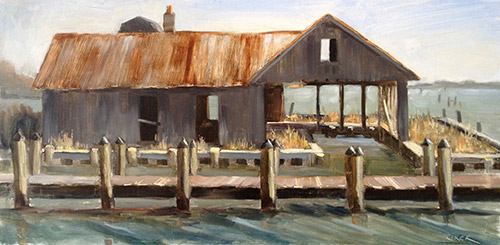 “The Old Boathouse,” by Julie Riker, 2016, oil, 10 x 20 in. 