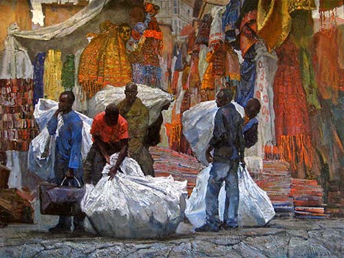 “African Vendors on the Streets of Florence,” by Timur Ahkriev, 47 1/4 x 62 3/4 in. Private collection