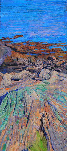 “Dragon Point, Westport Island,” by Timur Akhriev, oil on board, 22 x 10 in.
