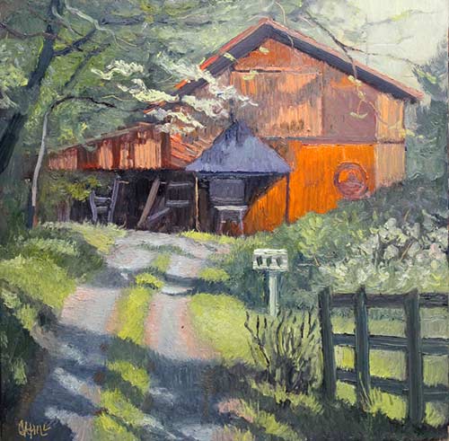 “Tomato Barn,” by Ed Cahill, 2016, oil on linen board, 12 x 12 in. Collection the artist