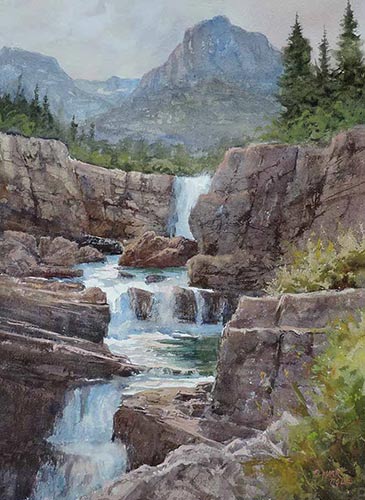 “Swiftcurrent Falls,” by Mark Ogle, watercolor, 30 x 22 in.