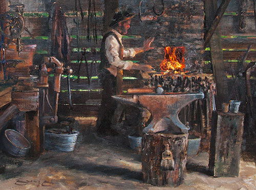 “Anvil at the Ready,” by Bill Suys. PleinAir Magazine Best Use of Mystery. Photo: Laurie Sermos for Olmsted Plein Air