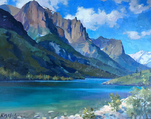 “Morning at St. Mary’s Lake,” by Kathleen B. Hudson, 2016, oil on linen, 14 x 18 in.