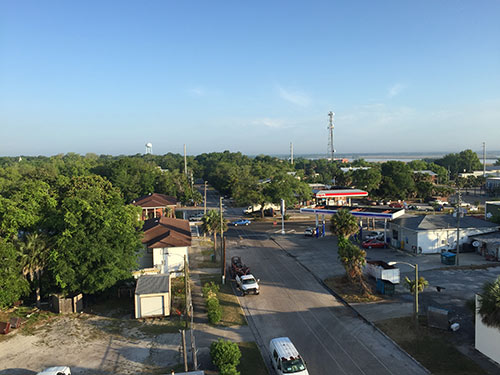 The city of Apalachicola, with the bay in the background