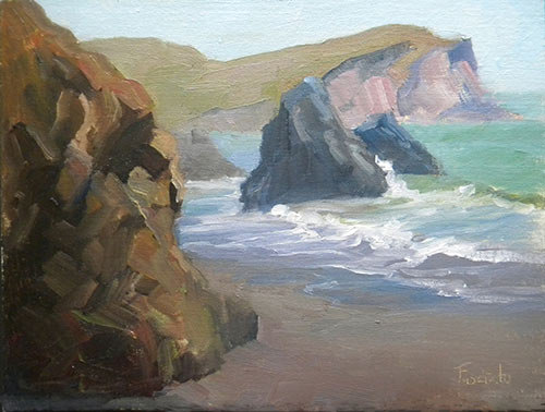 “Rocks and Sea,” by Catherine Fasciato, 2016, oil, 9 x 12 in. Collection the artist