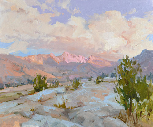 “Up She Rises,” by Lori Putnam, oil on linen, 18 x 24 in. A view of Sailor Lake, located between Sierra National Forest and Kings Canyon National Park