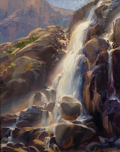 “Bright Morning, Timberline Falls,” by Kathleen B. Hudson, 2016, oil, 18 x 14 in. Third Place