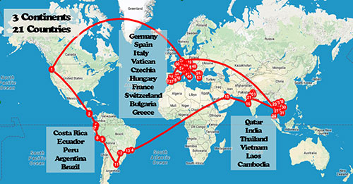 A map showing where the Orwicks went on their yearlong, art-drenched trip. 