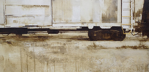 “Boxcar (White on White),” by Charlie Hunter, oil on muslin, 16 x 32 in.