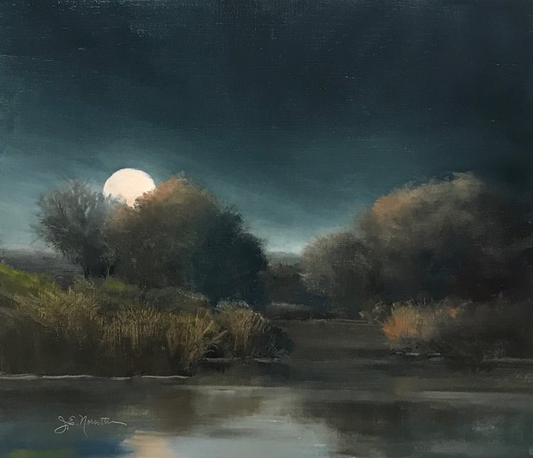 “Supermoon Nocturne, Sugar River at Sunset Farms, Verona, WI,” by Jan Norsetter, 2016, oil on panel, 16 x 14 in.