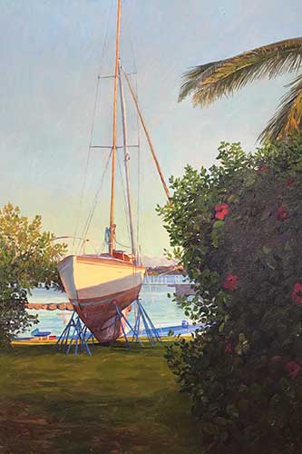 “Boat at St. George’s,” by Josh Adam, 2016, oil, 24 x 36 in. Studio piece