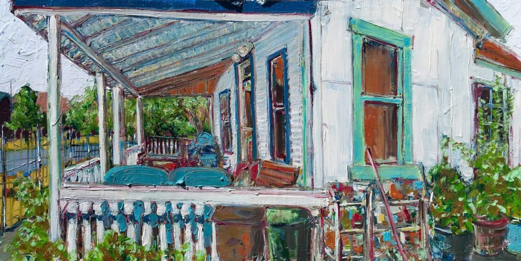 “Amina’s House, Beatty NV USA,” by David Ohlerking, 2015, oil on board, 24 x 48 in.
