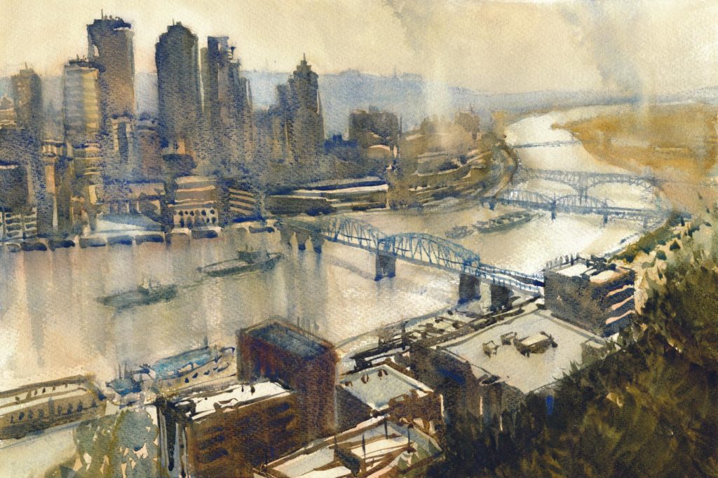 “River Traffic, Pittsburgh,” by Thomas Bucci, watercolor, 15 x 22 in. Best Watercolor