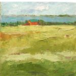 Palette knife painting of a landscape with a barn in the distance