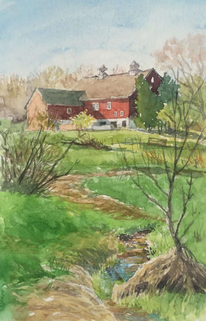 “Spring Along Slotter Farm Road,” by Jane Ramsey, 2015, watercolor, 7 x 4 1/2 in. Collection of Barry Koplowitz