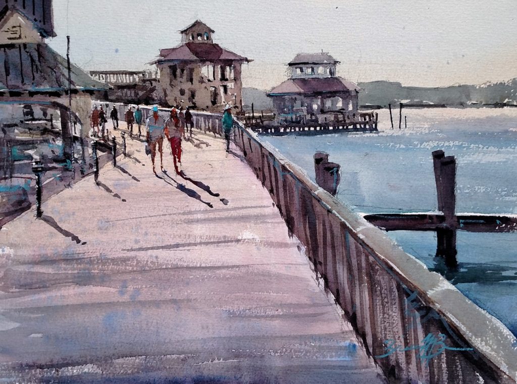 “On the Boardwalk,” by Brienne M. Brown, 2016, watercolor, 11 x 15 in. Private collection