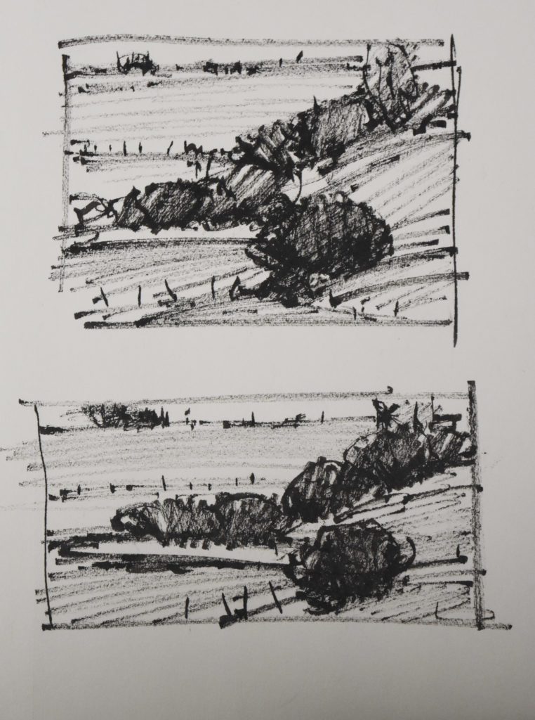 Two of the thumbnail sketches Dan Young drew in preparation for “Willow Patterns”