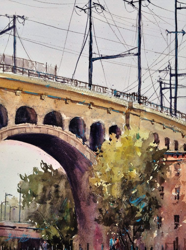 “Manayunk Morning,” by Brienne M. Brown, 2016, watercolor, 16 x 12 in. Collection the artist