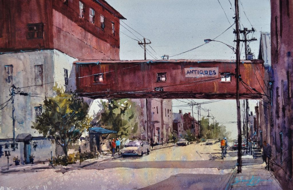 “Antiques Bridge,” by Brienne M. Brown, 2016, watercolor, 13 x 20 in. Collection the artist