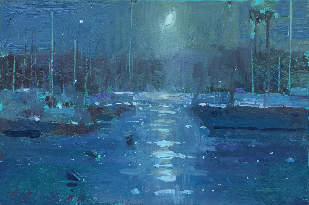 “Night,” by Aimee Erickson, oil, 3 x 4 1/2 in. 