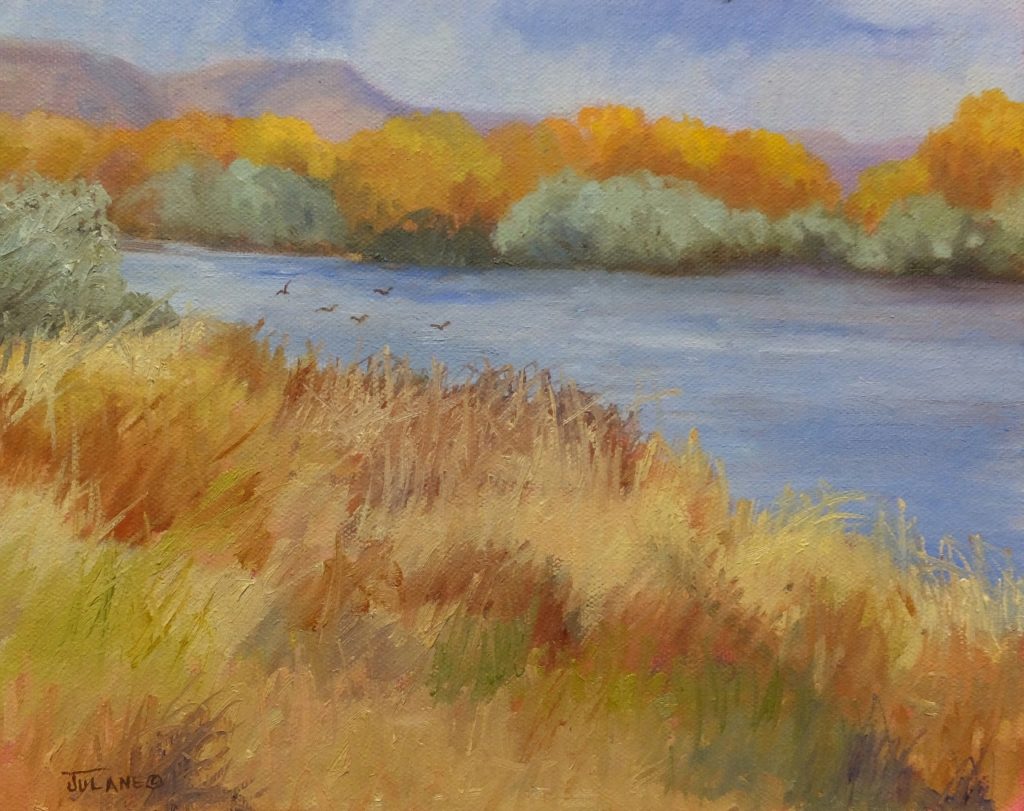 “Autumn on the River,” by Julane Jensen, 2016, oil, 8 x 10 in.