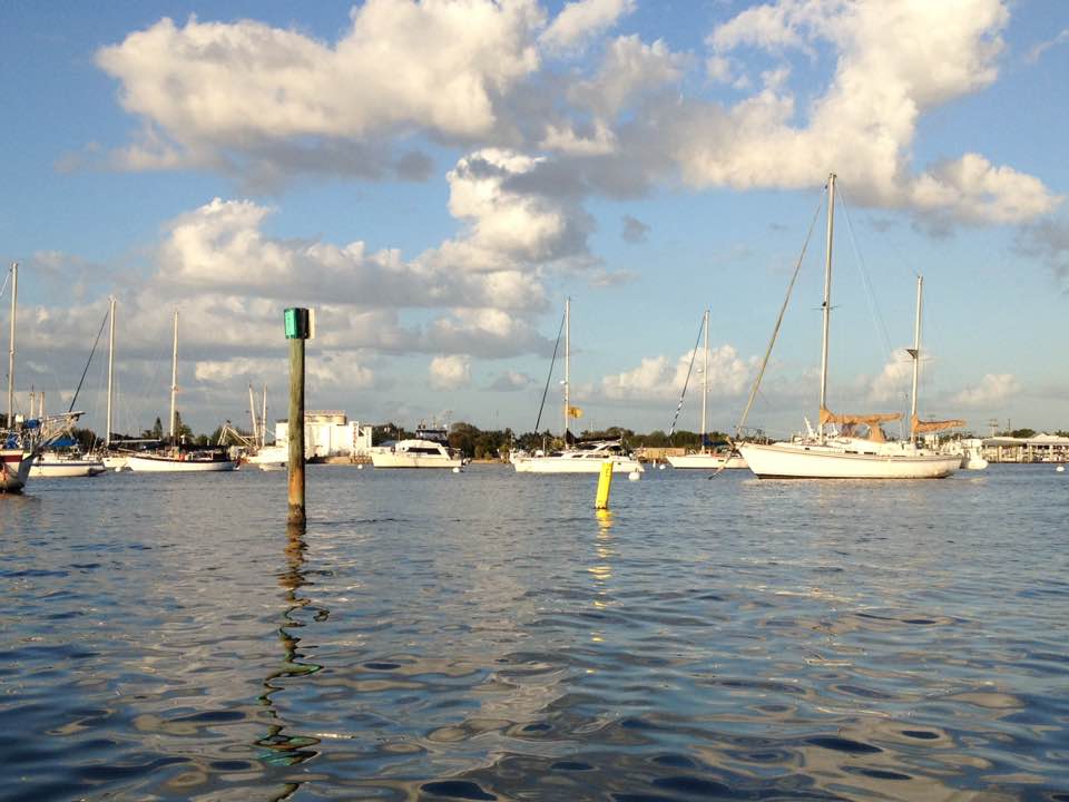 The Osbornes’ boat, Nice Lady (center, behind yellow buoy), in a mooring field 