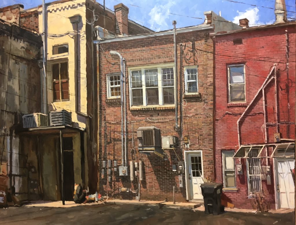 Plein air oil painting of buildings